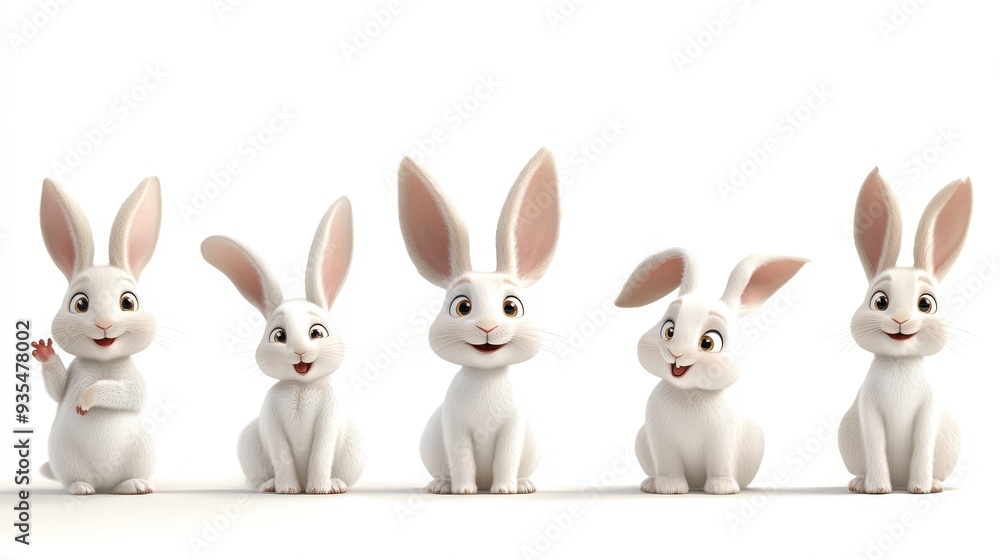 Cute Cartoon White Rabbits Easter Bunnies Funny Animals 3D Illustration Cute Cartoon White Rabbits Easter Bunnies Funny Animals 3D Illustration