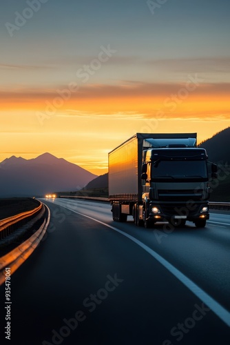 A truck driving on an empty highway during a picturesque sunset, showcasing the beauty of travel and transportation. photo