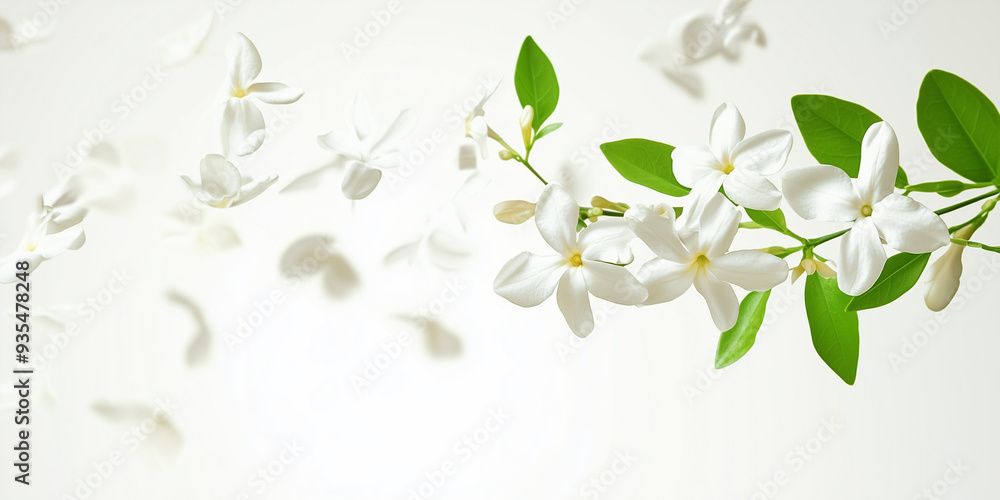 Fototapeta premium This image features delicate white jasmine flowers intricately intertwined with lush green leaves, creating a serene and calming aesthetic that evokes purity and tranquility.