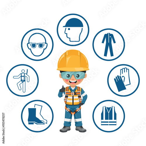 Industrial Safety Engineer  with safety harness and personal protective equipment for working at height and preventing falls. Safety icons. Safety first. Industrial safety and occupational health