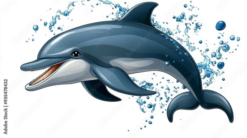 Obraz premium Cartoon Dolphin Jumping with Water Splashes