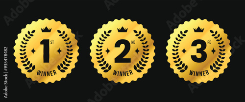 Gold Medal Label for 1st, 2nd, 3rd Place is circular with a crown icon. For certificate, achievement, logo, tag, sign, seal, symbol, badge, stamp, sticker, emblem, . Vector illustration