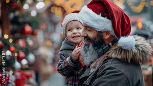 A joyful toddler boy, wearing a warm hat, smiles broadly while being held by his father, who wears a Santa hat. They enjoy a festive atmosphere filled with holiday decorations