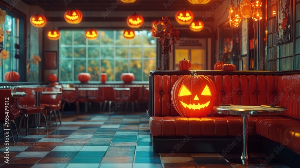 Naklejka premium 4. Art Deco style diner, Halloween party, miniature decorations, 3D illustration