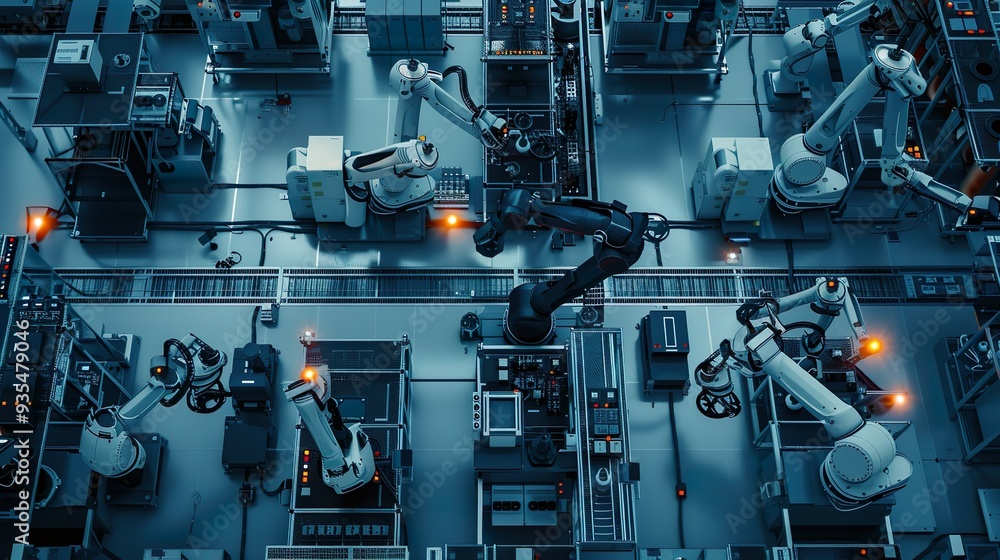 A bird's-eye view of a highly automated factory floor, showcasing numerous robotic arms assembling products in a synchronized and efficient manner.