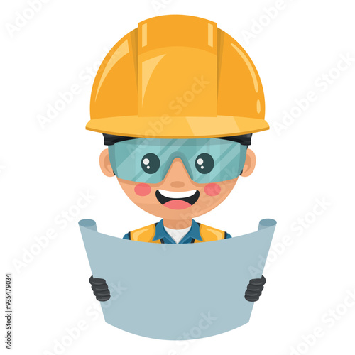 Civil engineer reading construction plans on site. Personal protective equipment. Worker with helmet, overalls, vest and safety gloves. Safety first. Industrial safety and occupational health at work