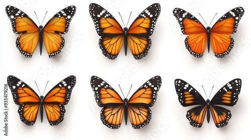 Six Beautiful Orange Butterflies Isolated on White Background