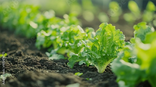 Close up of, lettuce and gardening plants for farming, agriculture and growth in nature, sand and sustainable field. Background, soil, sustainability, leaf vegetables, and greenhouse ecology 