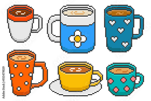 Set of Cute Different Coffee Mugs in Pixel Game Style