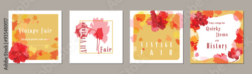 Set of four cute and colorful floral vector illustrations for Mother's Day, Easter, traditional festivals, fairs, etc. Square-shaped posters with hand-drawn African violets.