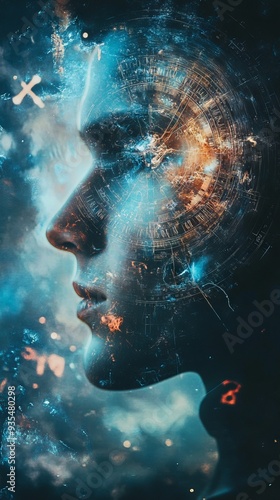 Close up of photo image of time traveler person in astral world with full numbers numerology concept 