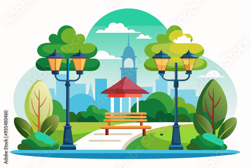 Park Scene with a Gazebo, Bench, and Streetlights