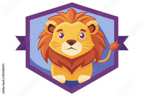 Cartoon Lion Cub Inside a Purple Hexagon Shield