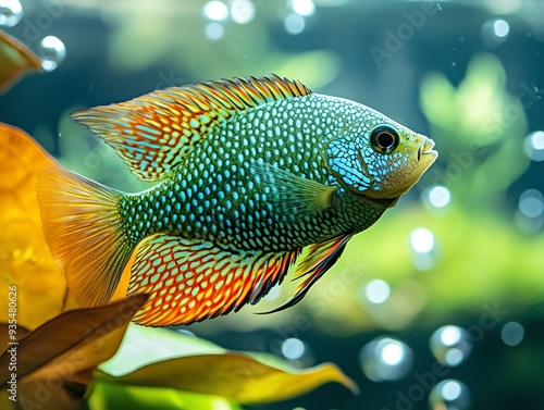 Gourami fish in calm, shallow water, surrounded by floating leaves and bubbles, Gourami fish, serene aquatic environment photo