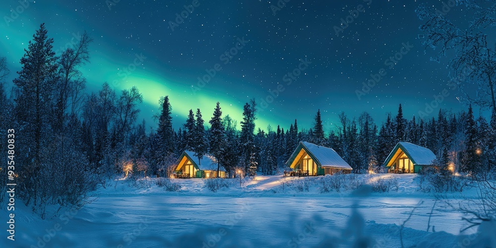 Three cabins in snowy forest under aurora borealis. Three cabins in snowy forest under aurora borealis.