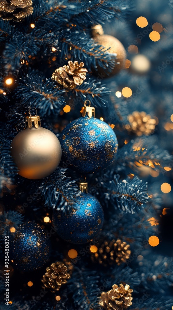 Fototapeta premium Merry Christmas and Happy New Year. Christmas ornaments on tree branch holiday background