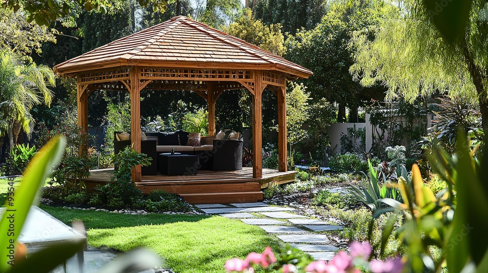 Wooden gazebo in lush backyard garde Wooden gazebo in lush backyard garde