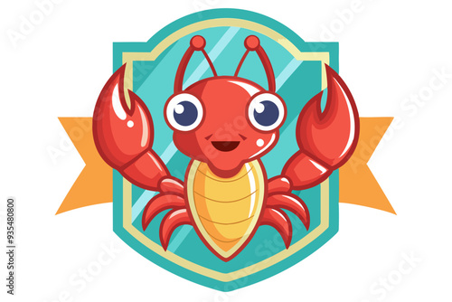 Cartoon Red Crab with Big Eyes and Smile Inside a Shield with Ribbon