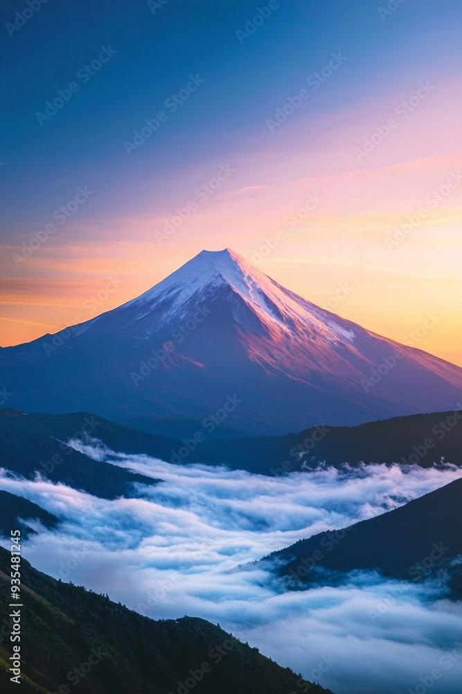 Fototapeta premium Beautiful snow capped mountain with sea of clouds during sunrise 