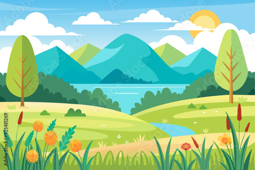 Mountainous Landscape with Lake, River, and Flowers