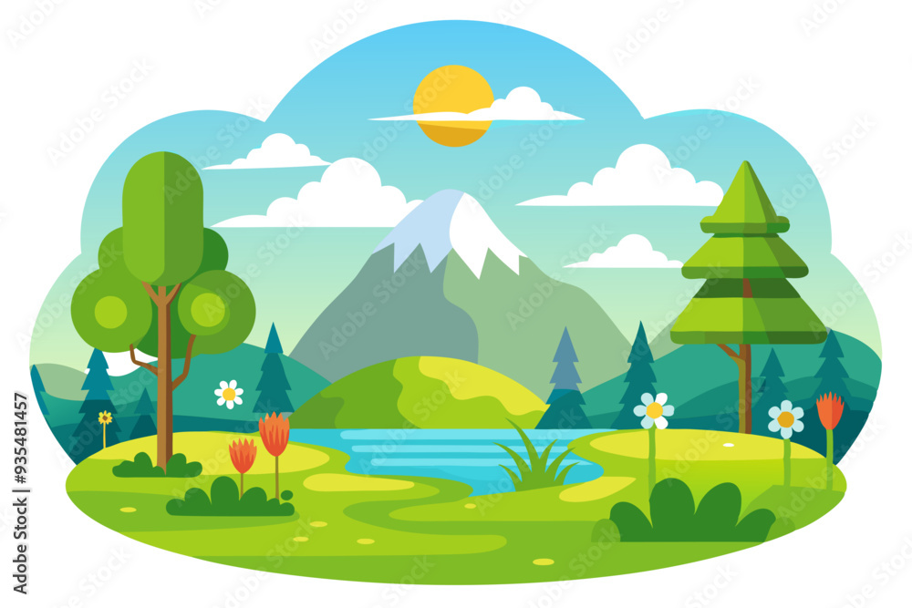 Fototapeta premium A Cartoon Landscape with Mountains, a River, and Trees