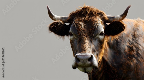 Cow or bullock farm portrait looking at camera isolated on clear png background, funny moment, Farmland animals concept. photo