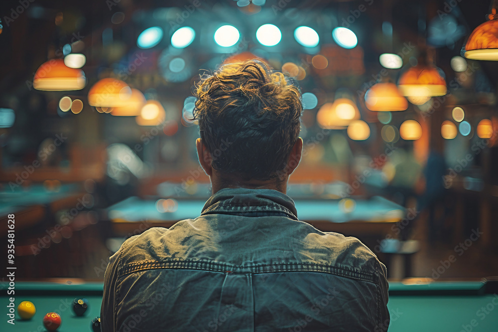 Billiards room bar pub club focused pool player beating balls, generative AI illustration Billiards room bar pub club focused pool player beating balls, generative AI illustration