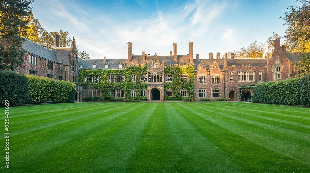Obraz premium front lawn at an Ivy League university with green grass and hedges, large old building with vine-covered garden walls in the background against blue sky during golden hour