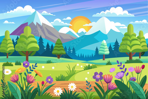 A Mountainous Landscape with Lush Green Grass and Colorful Flowers