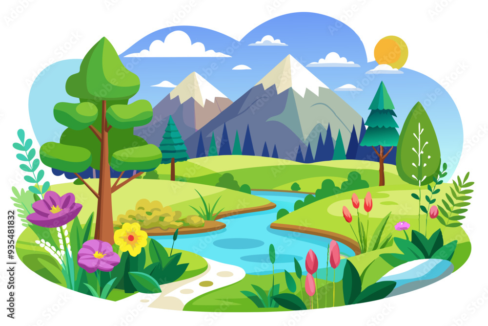 Fototapeta premium A Serene Mountain Valley Landscape With A Winding River