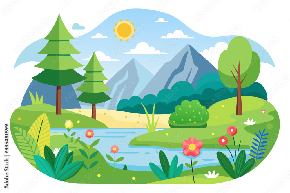 Obraz premium A Colorful Mountain Landscape with a Winding River and Bright Flowers