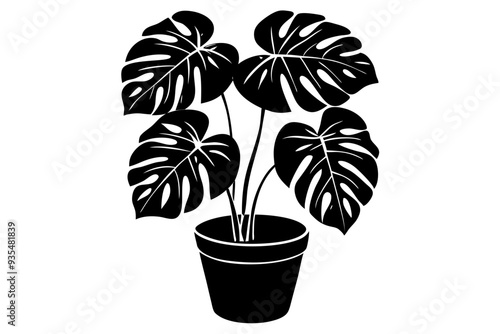 Monstera deliciosa plant in pot silhouette vector, potted plant vector silhouette vector

