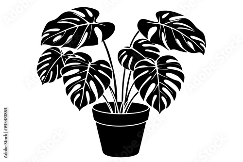 Monstera deliciosa plant in pot silhouette vector, potted plant vector silhouette vector

