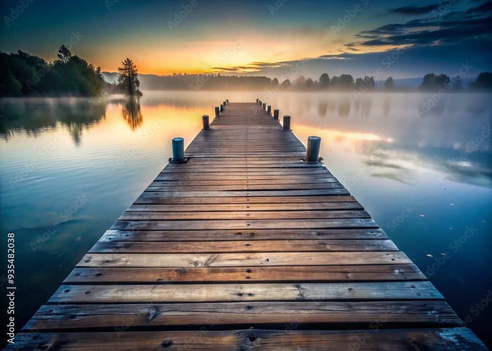 Fototapeta premium weathered wooden docks dusk mood misty atmosphere rustic tone worn planks creaky silence