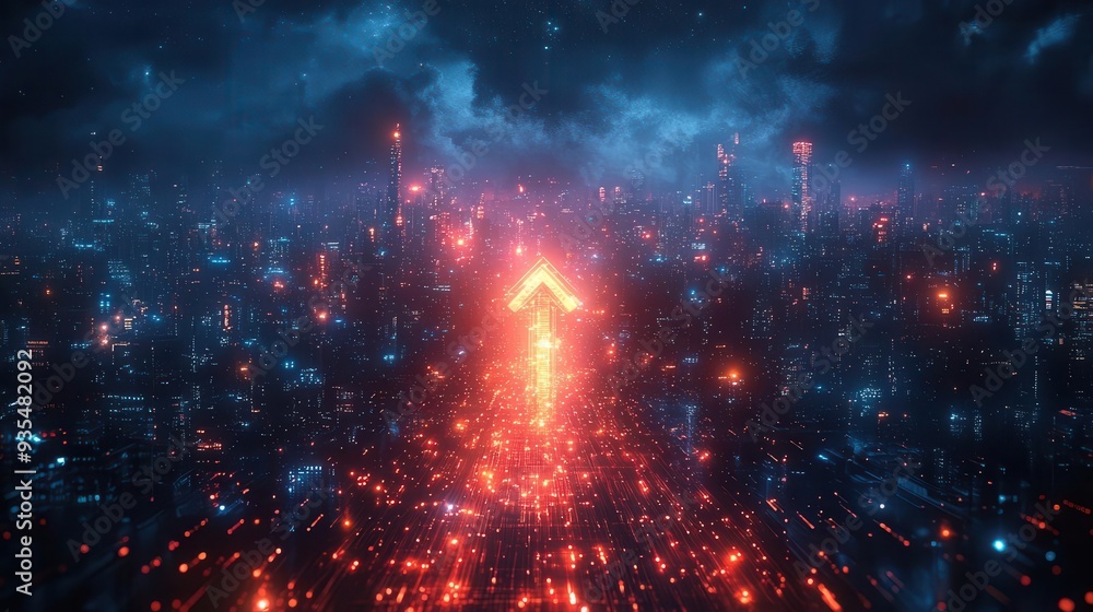 Fototapeta premium dazzling visual metaphor for digital transformation featuring an ascending arrow composed of glowing data points set against a backdrop of futuristic cityscapes and flowing streams of binary code