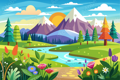 Mountainous Landscape with River and Wildflowers