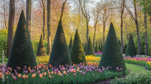 conic shaped yew trees and colourful spring flowers keukenhof gardens photo