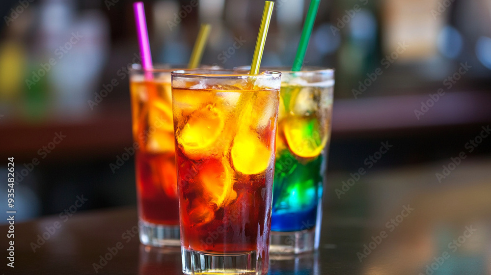 Colorful Iced Beverages in Highball Glasses on Bar Counter. Colorful Iced Beverages in Highball Glasses on Bar Counter.