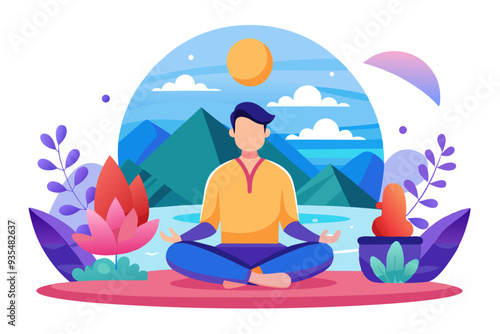 Man meditating in nature with a view of mountains and a bright sun