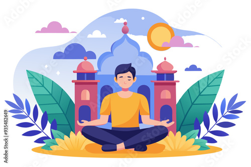 Man Meditating in Front of a Mosque with a Peaceful Background
