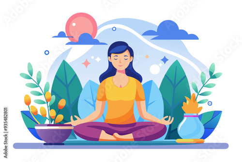 Woman meditating with eyes closed, surrounded by nature and incense