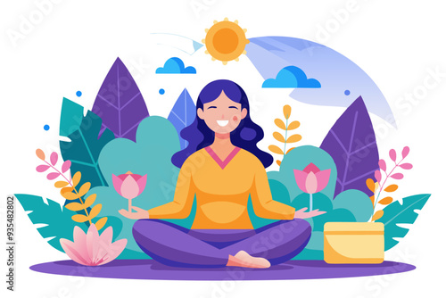Woman Meditating in Nature with Flowers and Sunshine