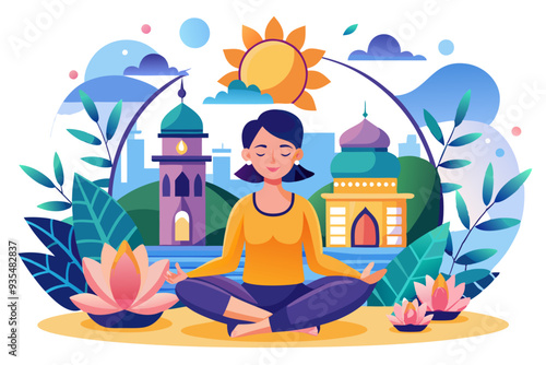 Woman meditating in lotus position with a mosque in the background