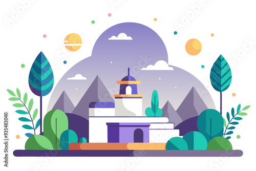 Minimalist Illustration of a House with a Tower in a Mountainous Landscape
