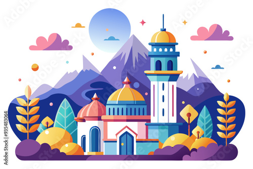 A Mosque with Golden Domes and Minarets in a Mountainous Landscape