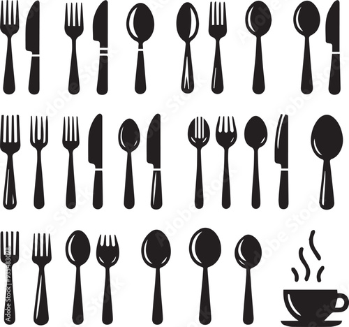 Spoon Knife And Fork black vector, set of Cutlery Icon Silhouette,