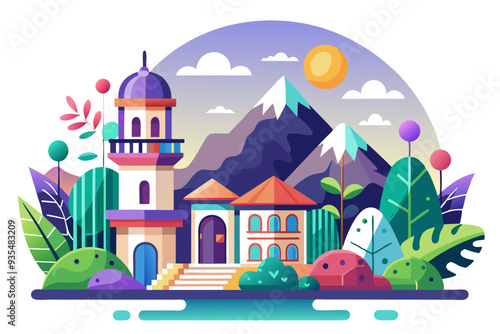 A Mountain Village with a Tall Tower and a House with an Archway