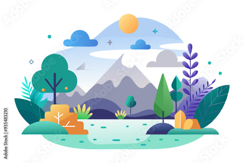 Abstract Illustration of a Mountainous Landscape with Trees, Sun, Clouds, and a Lake