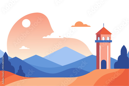 A Simple Illustration of a Tower in a Mountainous Landscape