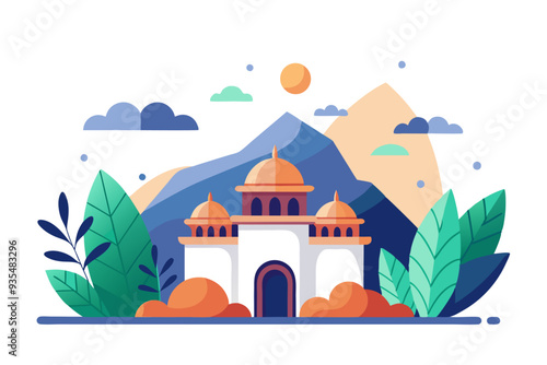 Mosque with Golden Domes in a Mountainous Landscape